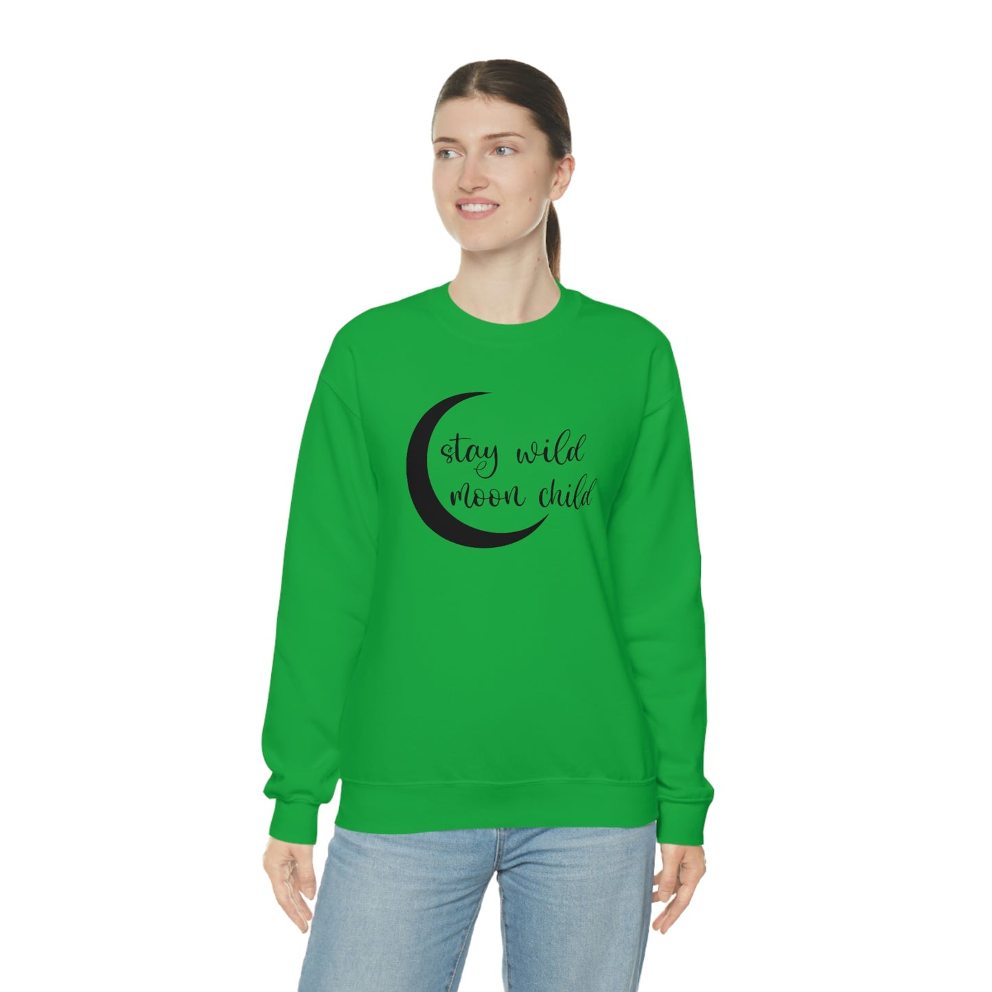 Stay Wild Moon Child Black Font White unisex heavy blend crewneck sweatshirt