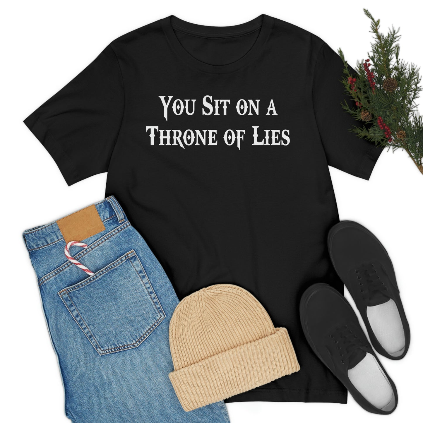 You Sit on A Throne of Lies White Font Unisex Jersey Short Sleeve Tee