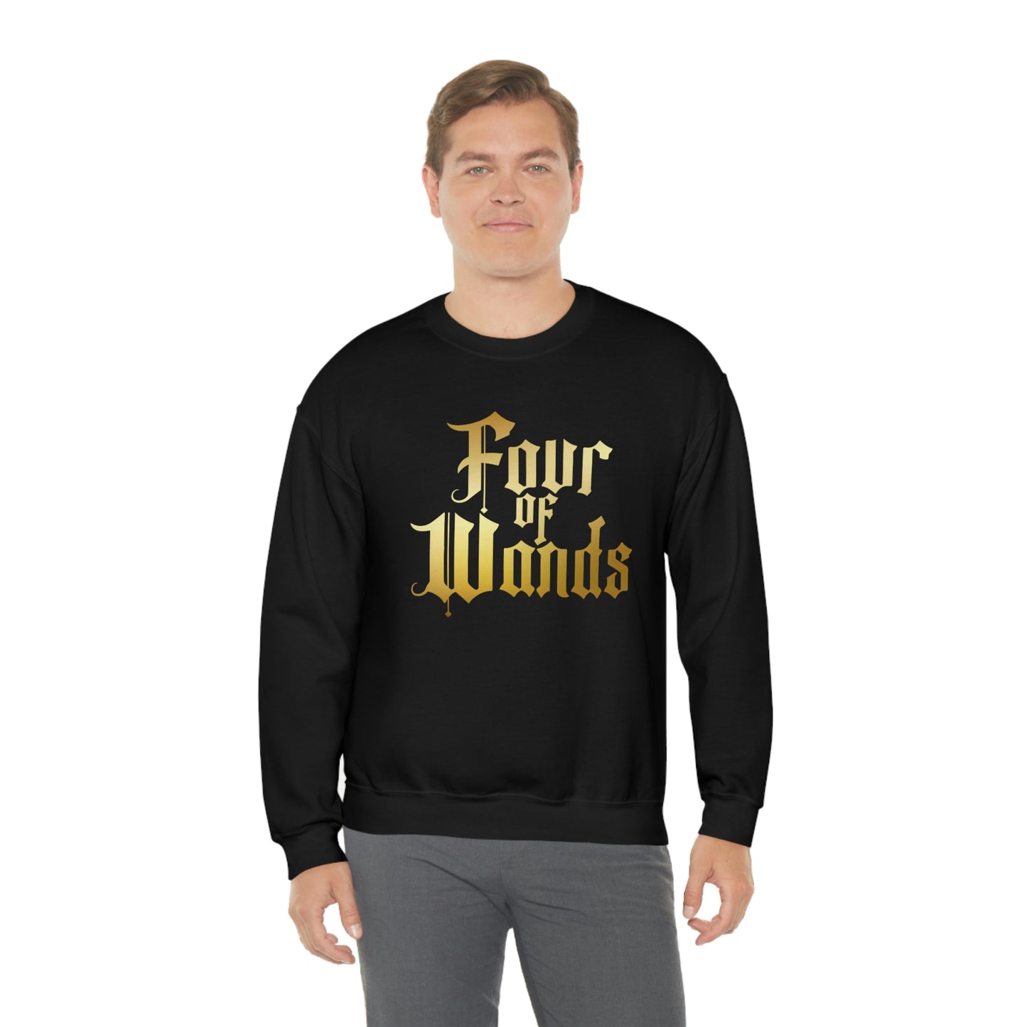 Four of Wands Logo Gold Font Black unisex heavy blend crewneck sweatshirt