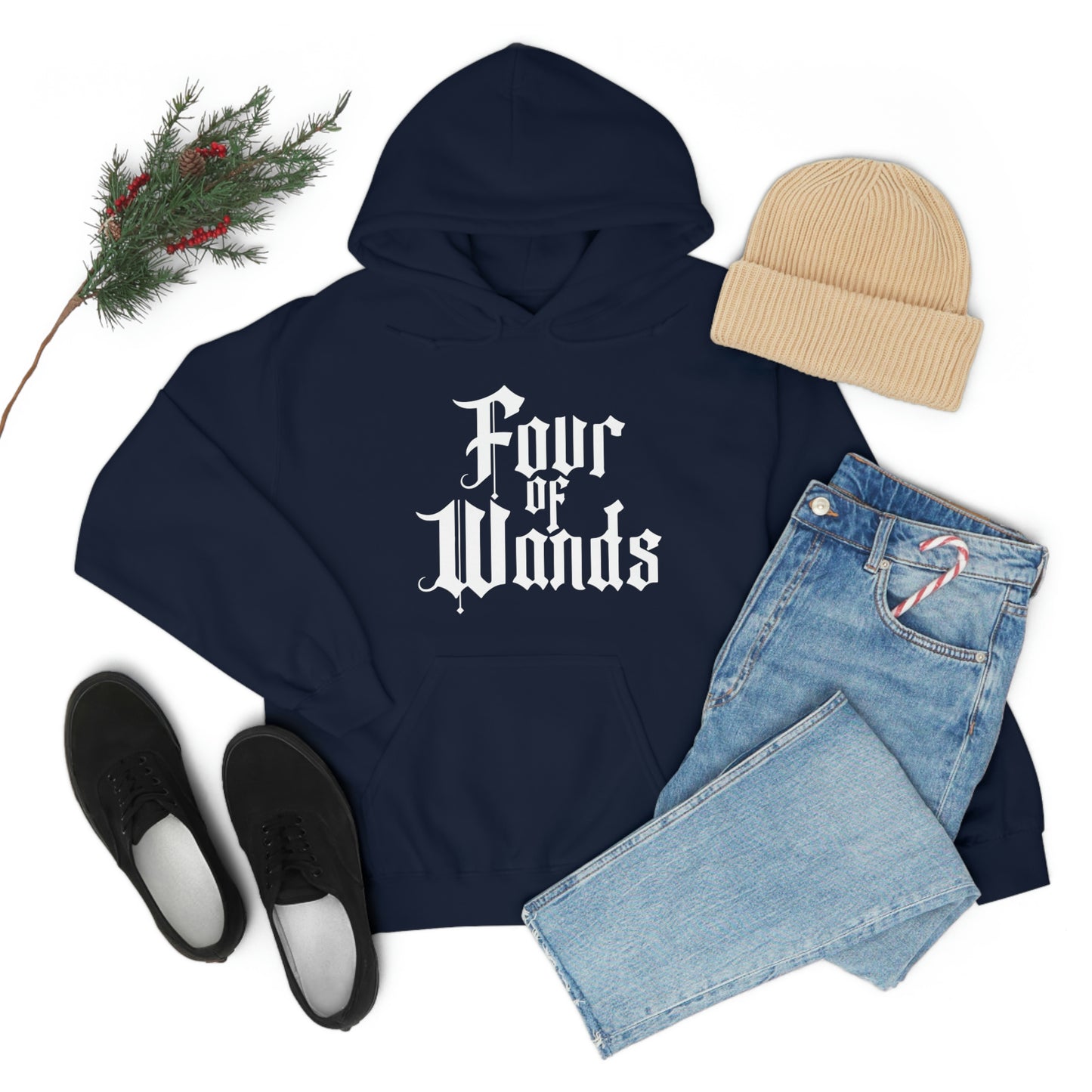 Four of Wands White Logo Unisex Heavy Blend™ Hooded Sweatshirt