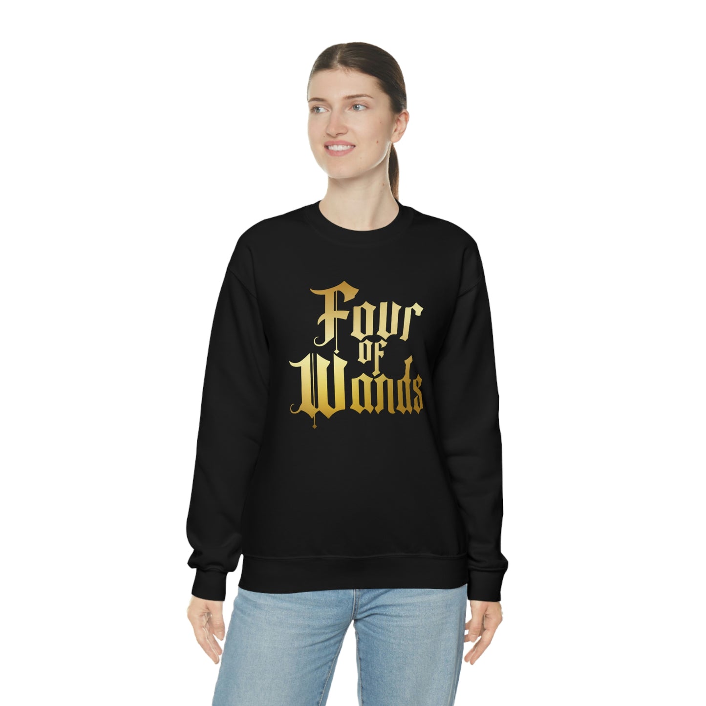 Four of Wands Logo Gold Font Black unisex heavy blend crewneck sweatshirt