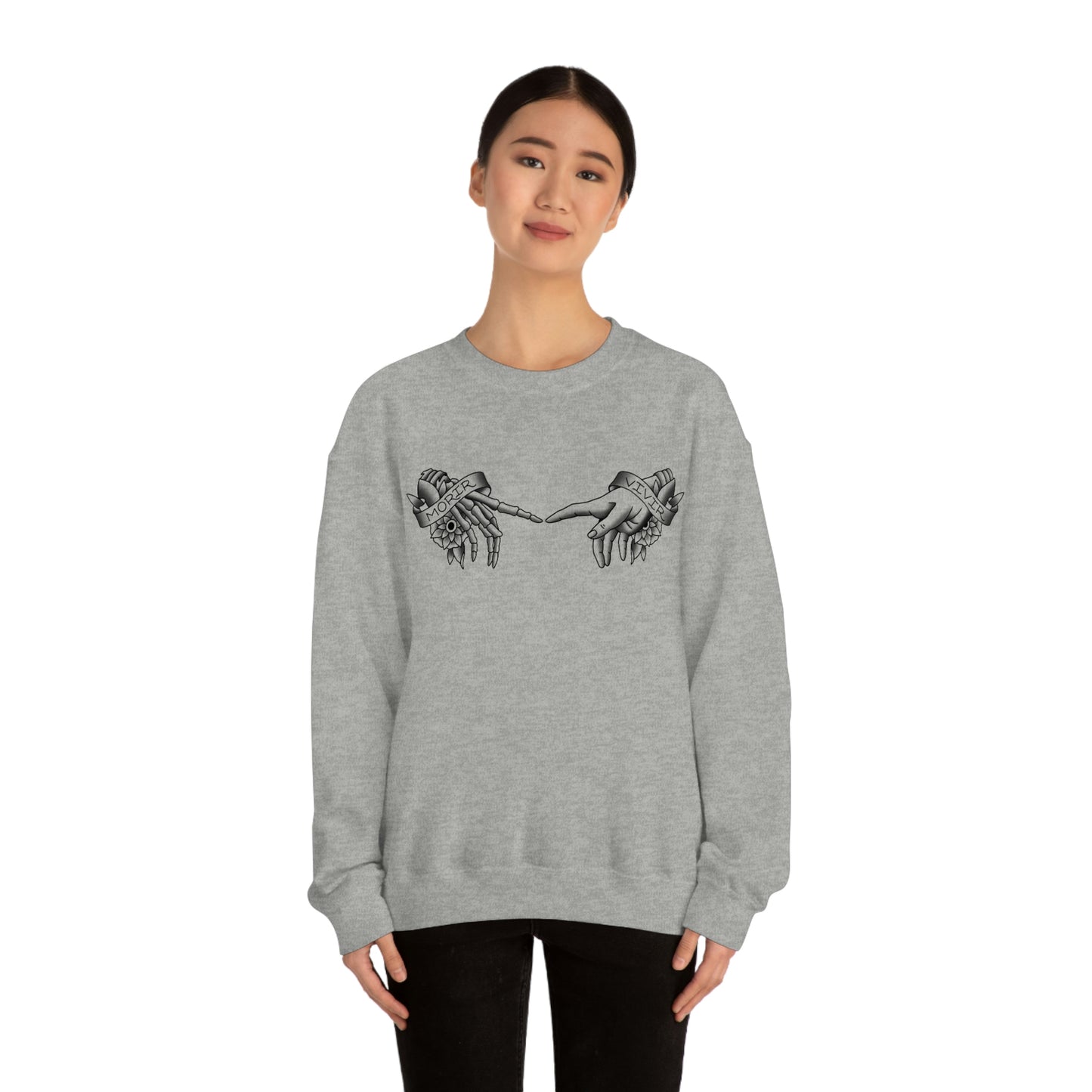 Morir-Vivir Hands Black on White unisex heavy blend crewneck sweatshirt