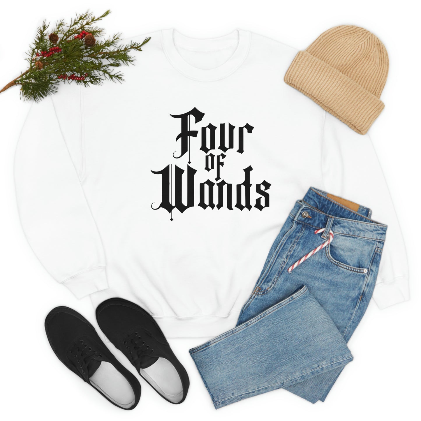 Four of Wands Black Logo White unisex heavy blend crewneck sweatshirt