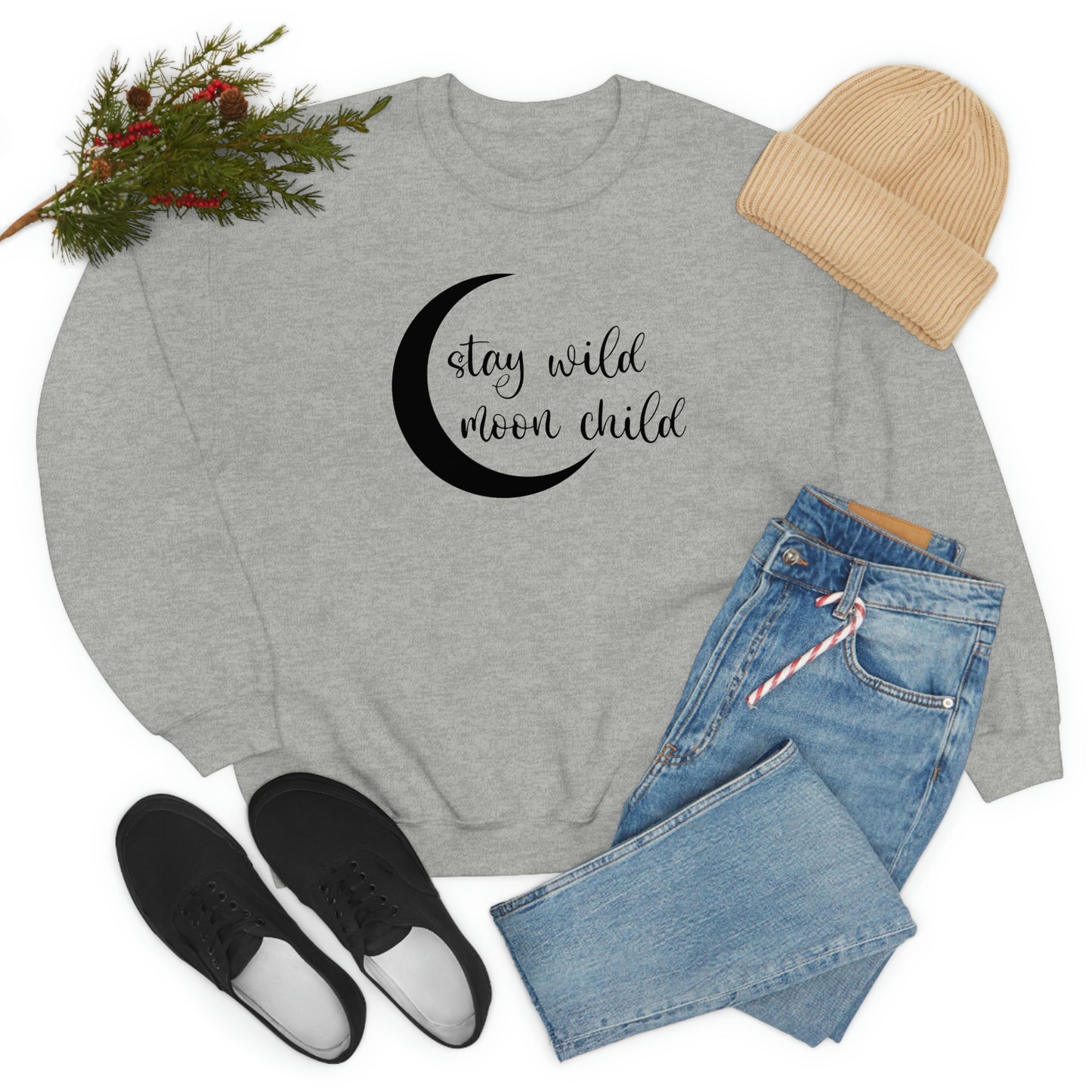 Stay Wild Moon Child Black Font White unisex heavy blend crewneck sweatshirt