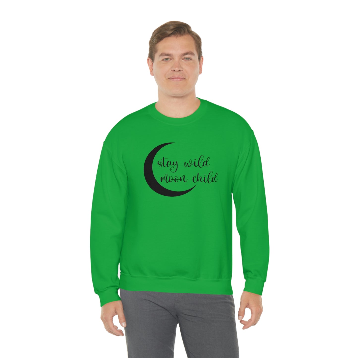 Stay Wild Moon Child Black Font White unisex heavy blend crewneck sweatshirt