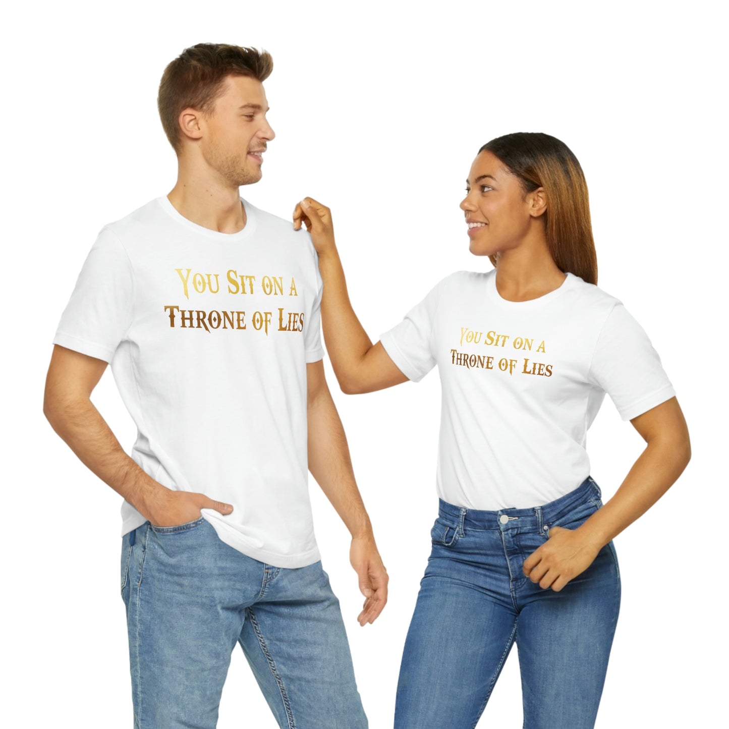 You Sit on A Throne of Lies Gold Font Unisex Jersey Short Sleeve Tee