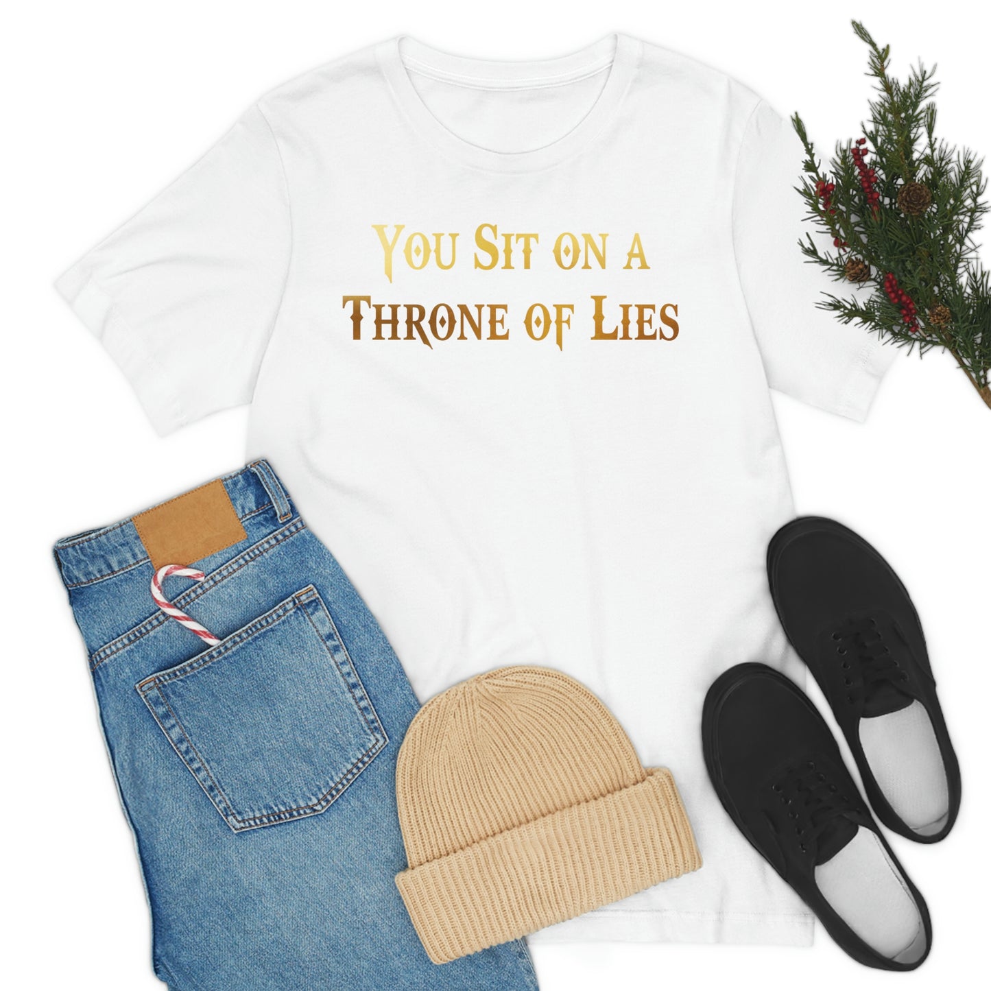 You Sit on A Throne of Lies Gold Font Unisex Jersey Short Sleeve Tee