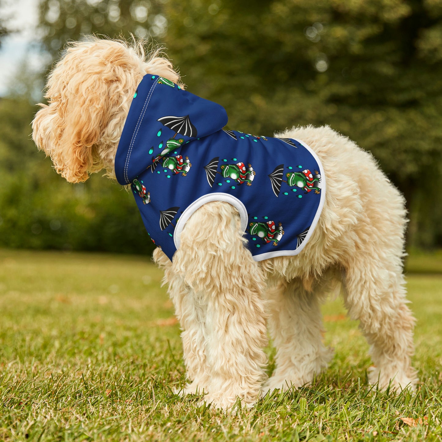 Rainy Day Frog Dk Blue Dog Hoodie