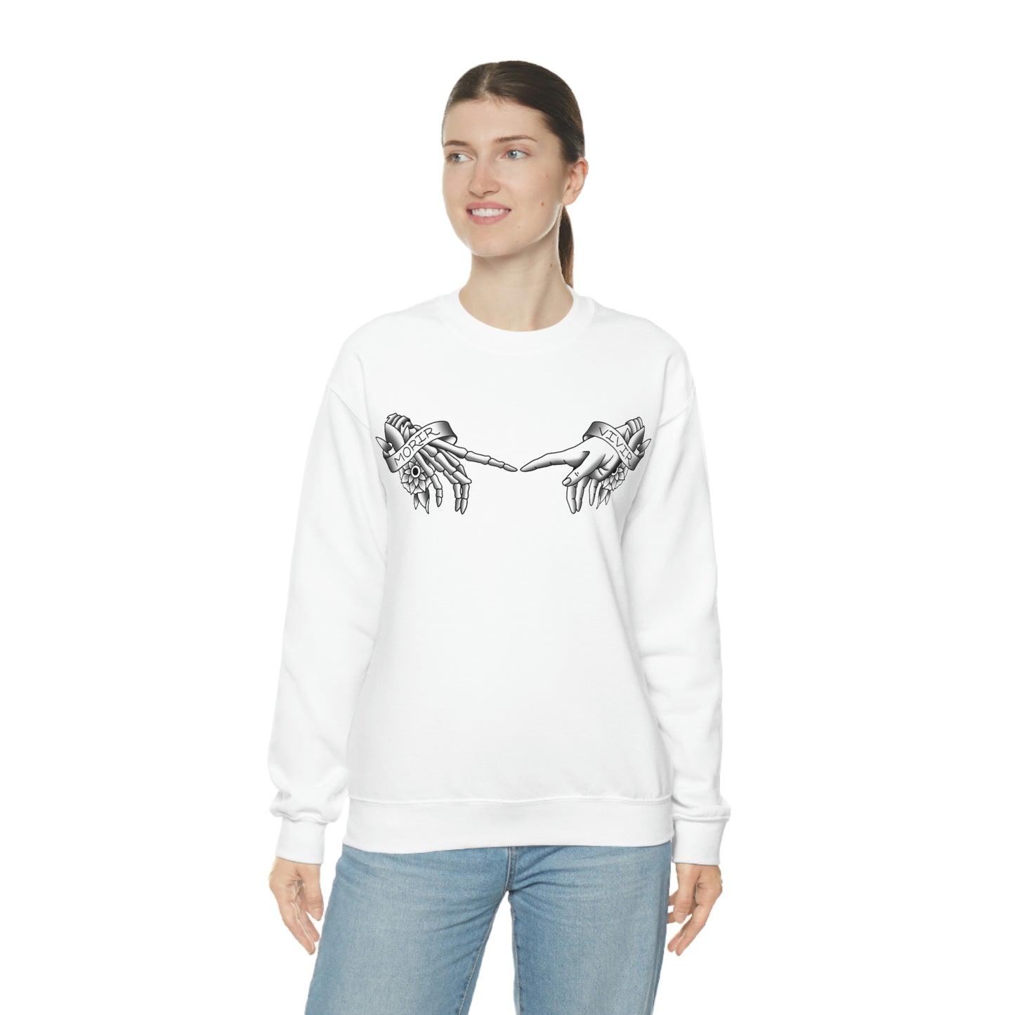 Morir-Vivir Hands Black on White unisex heavy blend crewneck sweatshirt