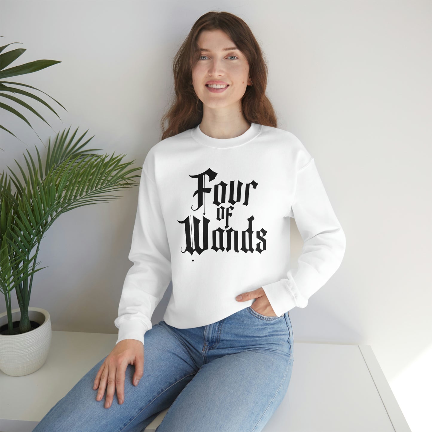 Four of Wands Black Logo White unisex heavy blend crewneck sweatshirt