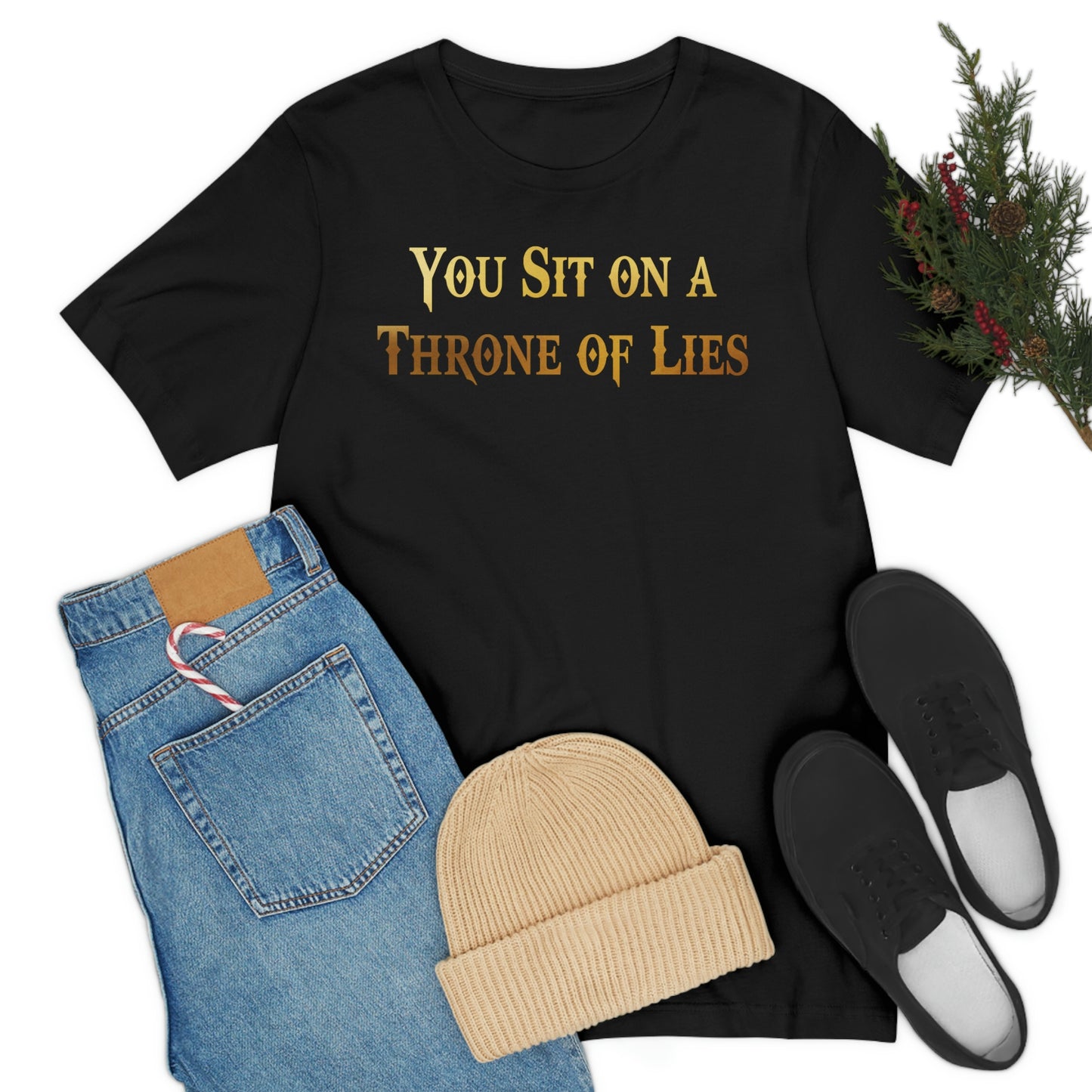 You Sit on A Throne of Lies Gold Font Unisex Jersey Short Sleeve Tee