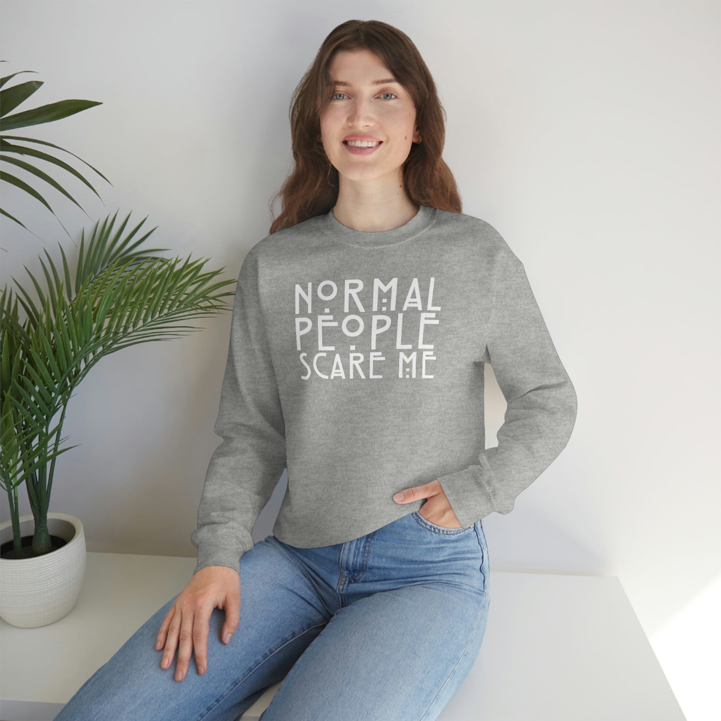 Normal People Scare Me White Font unisex heavy blend crewneck sweatshirt