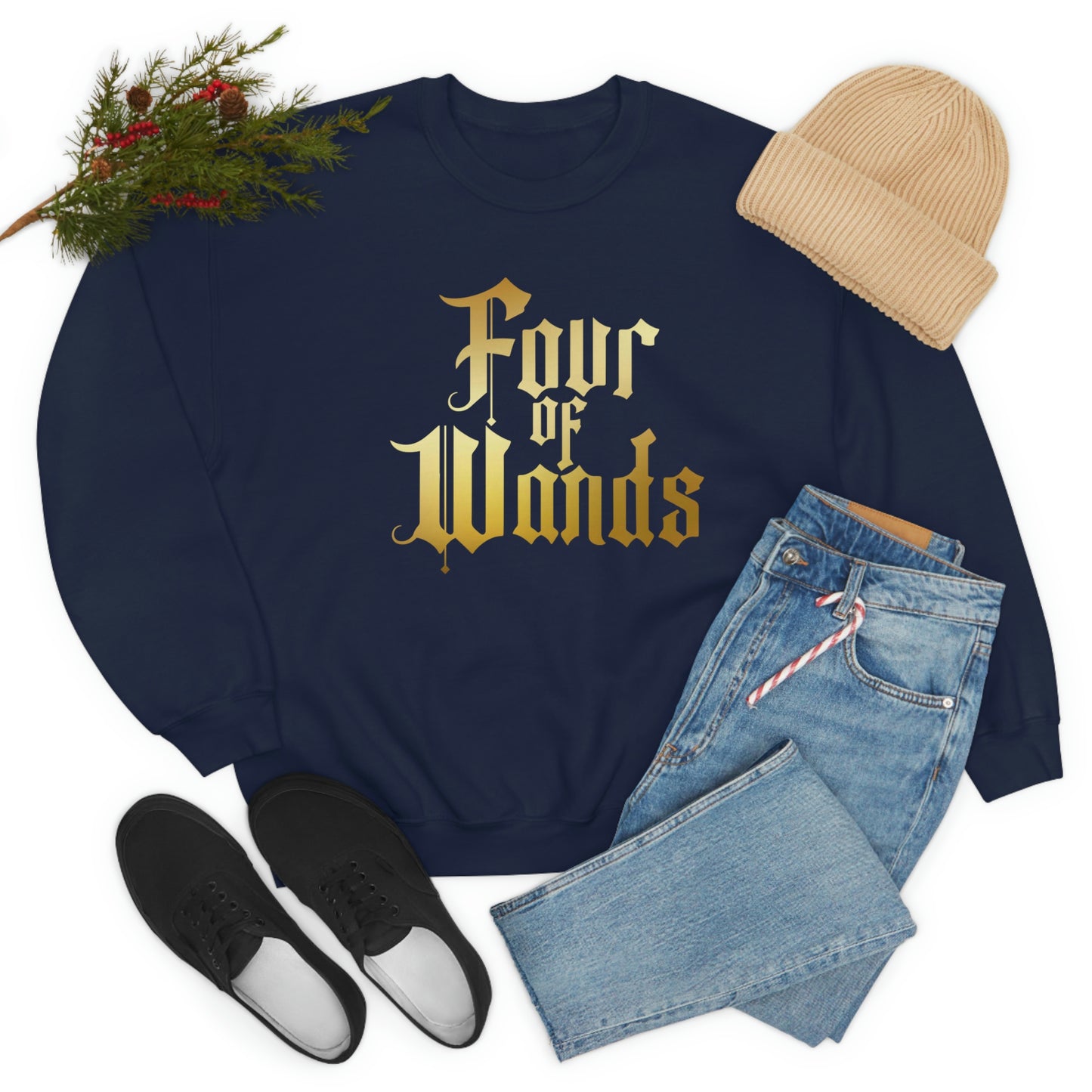 Four of Wands Logo Gold Font Black unisex heavy blend crewneck sweatshirt