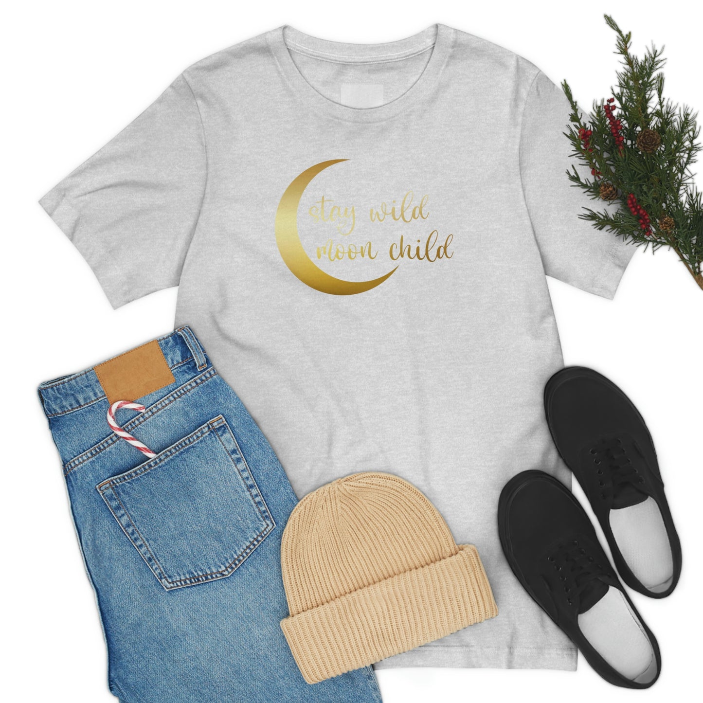 Stay Wild Moon Child Gold Font Unisex Jersey Short Sleeve Tee