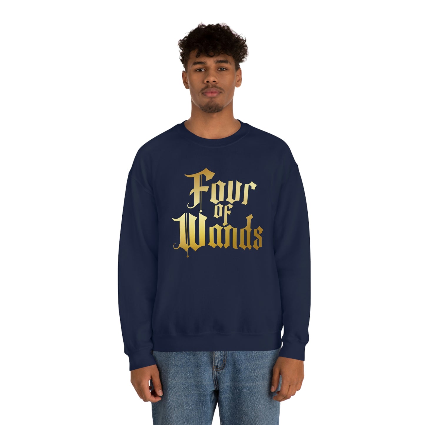 Four of Wands Logo Gold Font Black unisex heavy blend crewneck sweatshirt