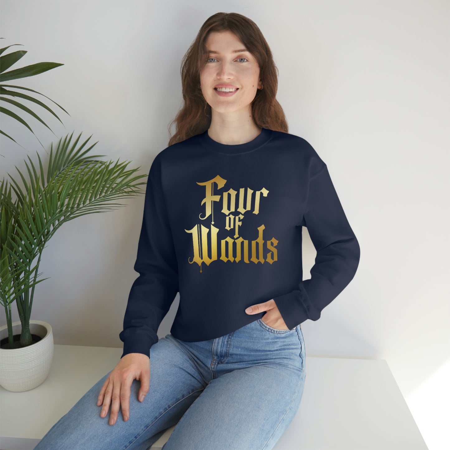 Four of Wands Logo Gold Font Black unisex heavy blend crewneck sweatshirt