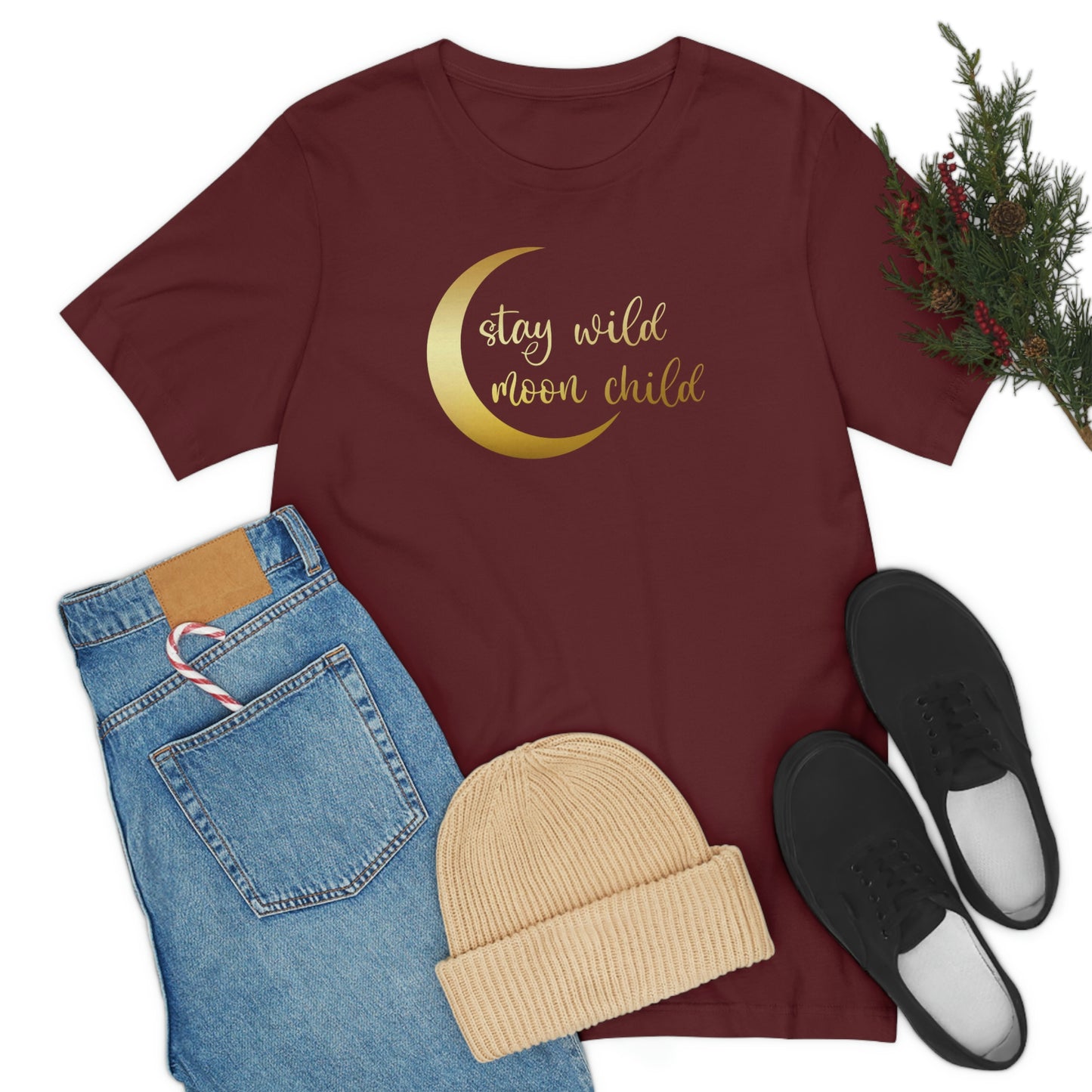 Stay Wild Moon Child Gold Font Unisex Jersey Short Sleeve Tee