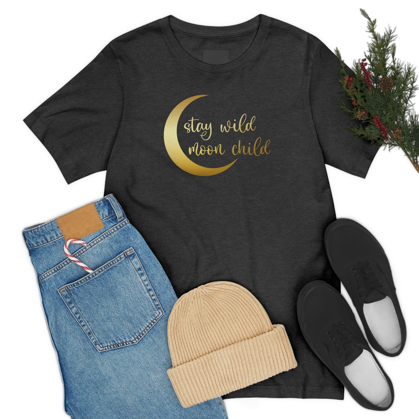 Stay Wild Moon Child Gold Font Unisex Jersey Short Sleeve Tee