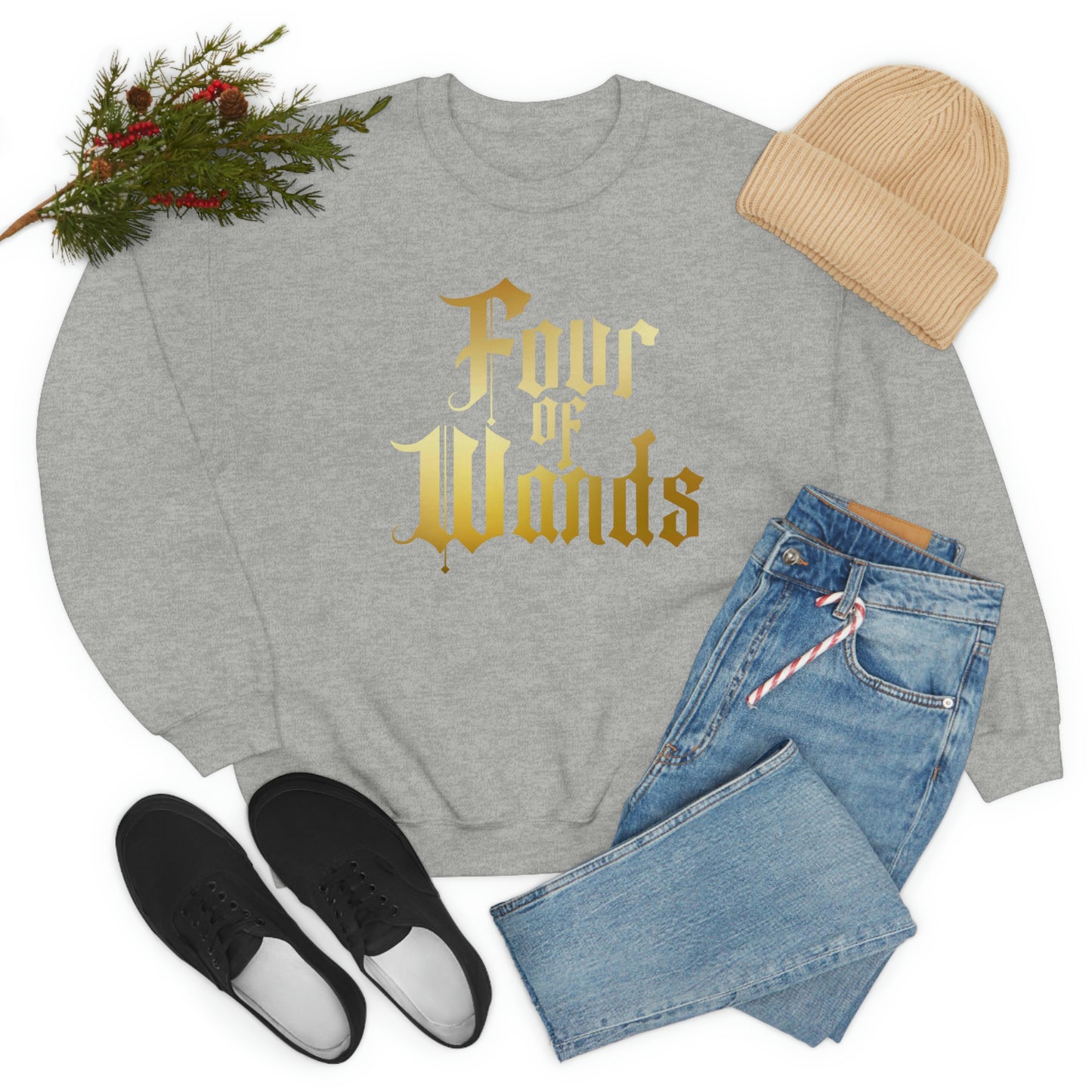 Four of Wands Logo Gold Font Black unisex heavy blend crewneck sweatshirt